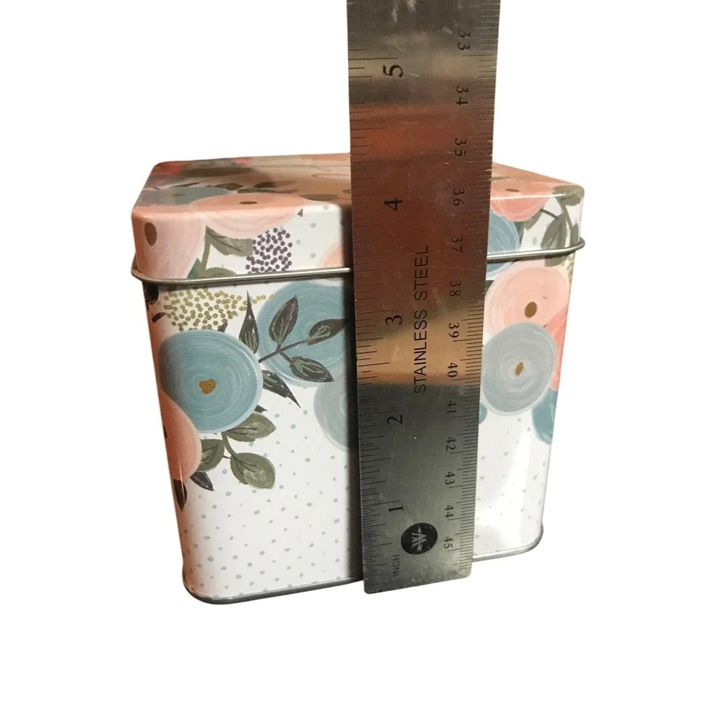 Floral Monogram Letter A Metal‎ Storage Tin Box Blue Peach Flower Decor